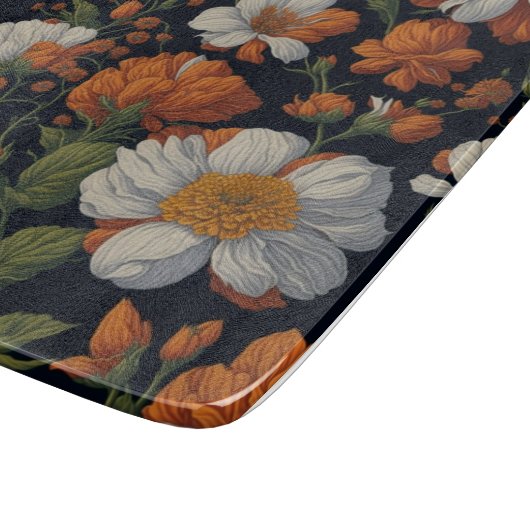 ヴィンテージオレンジエレガント色の白いレトロ花 カッティングボード (角)