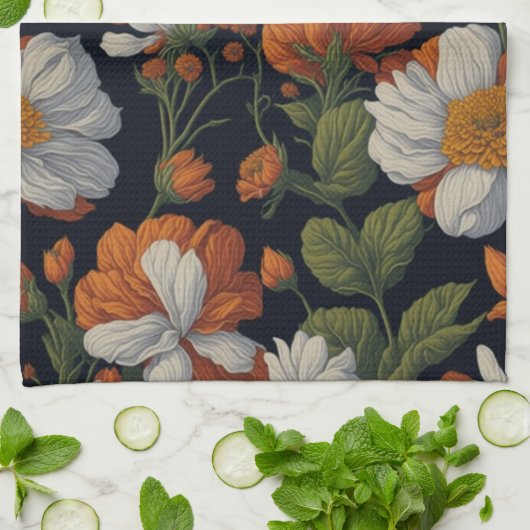 ヴィンテージオレンジエレガント色の白いレトロ花 キッチンタオル (折り畳み)