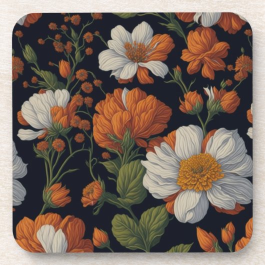 ヴィンテージオレンジエレガント色の白いレトロ花 コースター (正面)