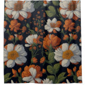 ヴィンテージオレンジエレガント色の白いレトロ花 シャワーカーテン (正面)