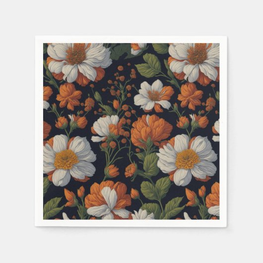 ヴィンテージオレンジエレガント色の白いレトロ花 スタンダードカクテルナプキン (正面)