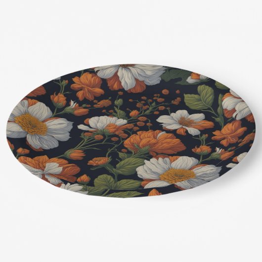 ヴィンテージオレンジエレガント色の白いレトロ花 ペーパープレート (アングル)