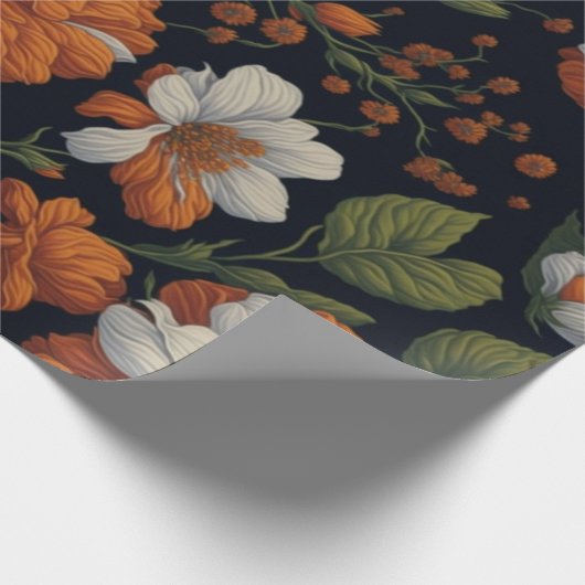 ヴィンテージオレンジエレガント色の白いレトロ花 ラッピングペーパー (角)