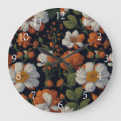 ヴィンテージオレンジエレガント色の白いレトロ花 ラージ壁時計 (正面)