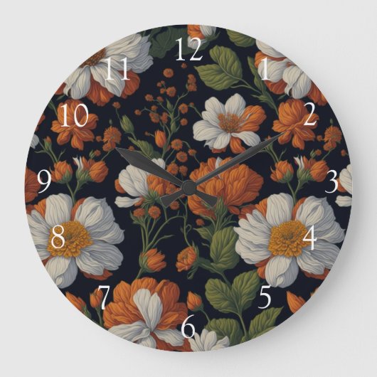 ヴィンテージオレンジエレガント色の白いレトロ花 ラージ壁時計 (正面)