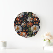 ヴィンテージオレンジエレガント色の白いレトロ花 ラージ壁時計 (ホーム)