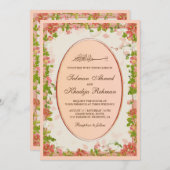 ヴィンテージオレンジフローラフレームイスラム結婚教徒 招待状 (正面/裏面)