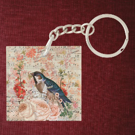 ヴィンテージオレンジブルーフローラバードミュージカルエフェメラ キーホルダー