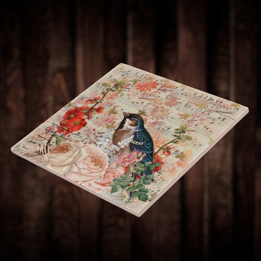 ヴィンテージオレンジブルーフローラバードミュージカルエフェメラ タイル