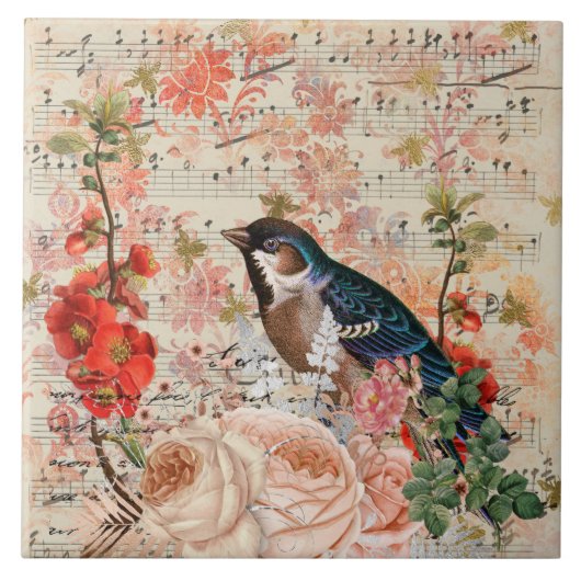 ヴィンテージオレンジブルーフローラバードミュージカルエフェメラ タイル (正面)