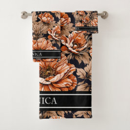 ヴィンテージオレンジポピーフローラ名ブラック バスタオルセット