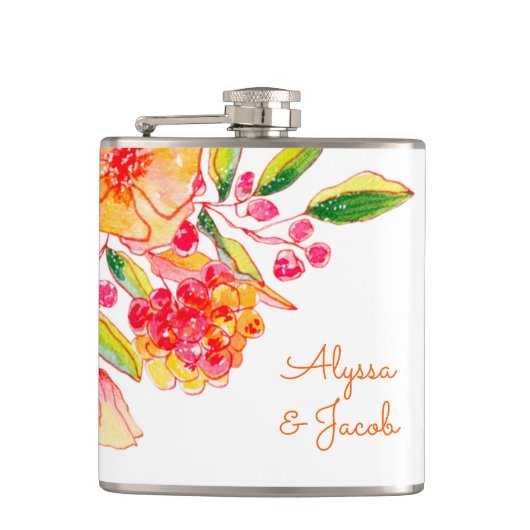 ヴィンテージオレンジ水彩パーソナライズされた花   フラスク (正面)