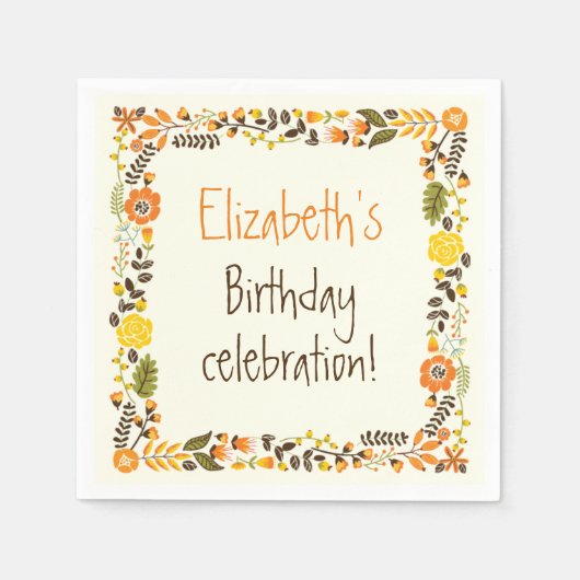 ヴィンテージオレンジ色のフローラ縁ど誕生会 スタンダードカクテルナプキン (正面)