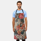 ヴィンテージオレンジ色の白い花柄 エプロン (着用した状態)