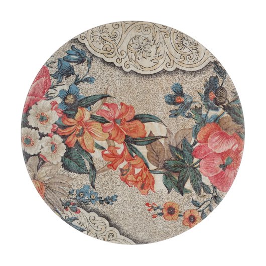 ヴィンテージオレンジ色の白い花柄 カッティングボード (正面)