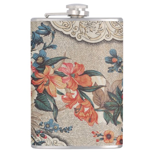 ヴィンテージオレンジ色の白い花柄 フラスク (正面)