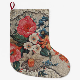 ヴィンテージオレンジ色の白い花柄 ラージクリスマスストッキング