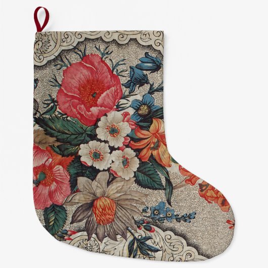 ヴィンテージオレンジ色の白い花柄 ラージクリスマスストッキング (正面)