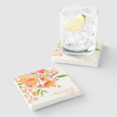 ヴィンテージオレンジ色の花パーソナライズされた ストーンコースター (横)