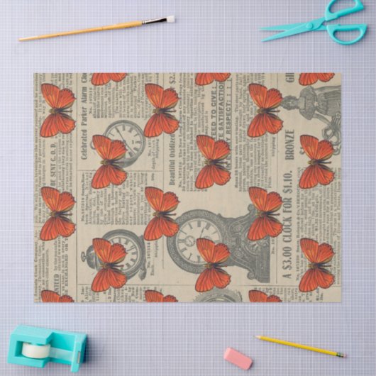 ヴィンテージオレンジ色の蝶と新聞のデコページ 薄葉紙 (クラフト)