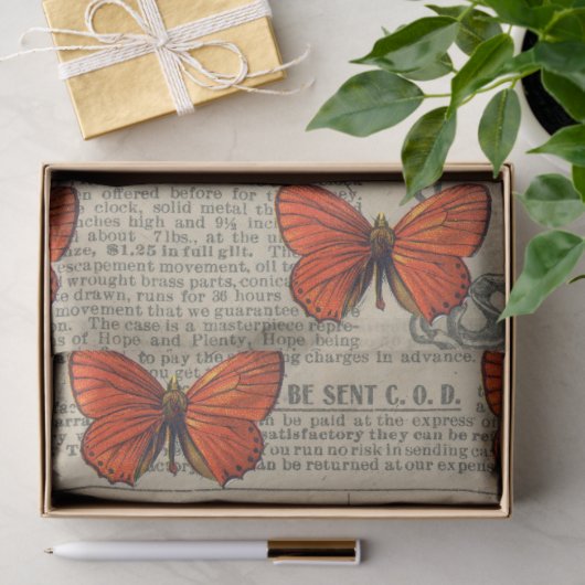 ヴィンテージオレンジ色の蝶と新聞のデコページ 薄葉紙 (ギフト)