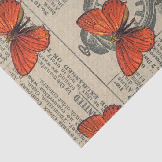 ヴィンテージオレンジ色の蝶と新聞のデコページ 薄葉紙 (詳細)