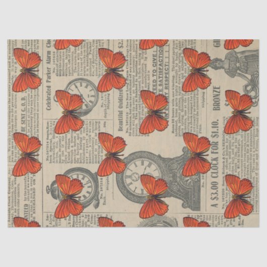 ヴィンテージオレンジ色の蝶と新聞のデコページ 薄葉紙 (正面)