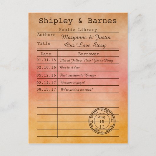 ヴィンテージオレンジ色の金ゴールドライブラリカード日付の保存 案内ポストカード (正面)