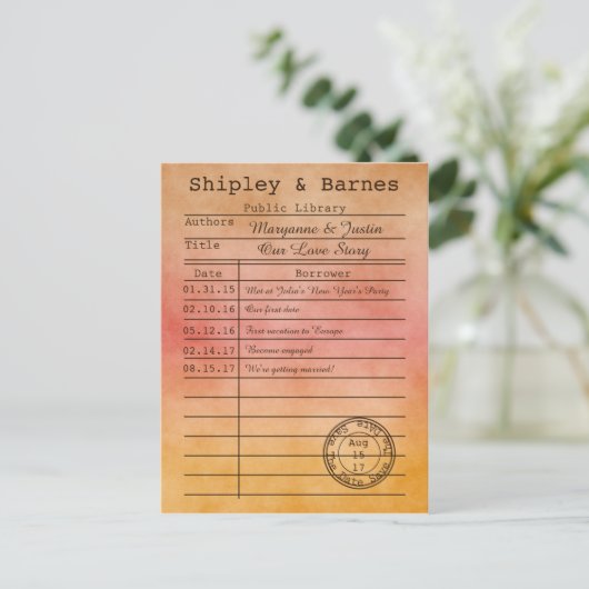 ヴィンテージオレンジ色の金ゴールドライブラリカード日付の保存 案内ポストカード (スタンド正面)