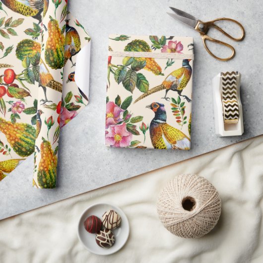 ヴィンテージオレンジ色の黄色い鳥のバラ花 ラッピングペーパー (クラフト)