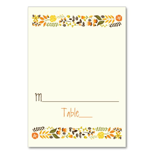 ヴィンテージオレンジ、イエローフローラ結婚エスコートカード テーブルナンバー (正面)