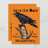 ヴィンテージオレンジ&ブラックレイヴンハロウィーンインクスケッチ 案内ポストカード (正面/裏面)