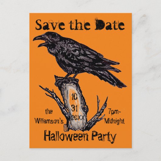 ヴィンテージオレンジ&ブラックレイヴンハロウィーンインクスケッチ 案内ポストカード (正面)