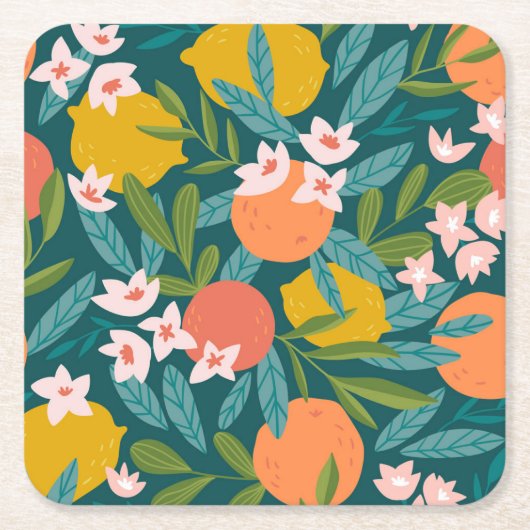 ヴィンテージオレンジ&レモンブロッサムパターン スクエアペーパーコースター (正面)