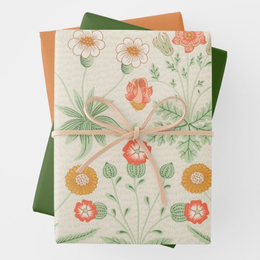 ヴィンテージオレンジ、緑、デイジーパターン ラッピングペーパーシート (インサイチュ)