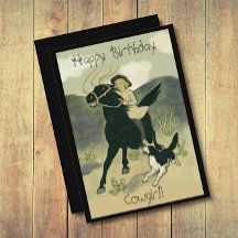 ヴィンテージオン馬女性のカーボーイと犬誕生日カード