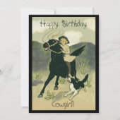 ヴィンテージオン馬女性のカーボーイと犬誕生日カード 招待状 (正面)