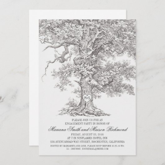 ヴィンテージオークの木の粗野な婚約パーティ 招待状 (正面/裏面)