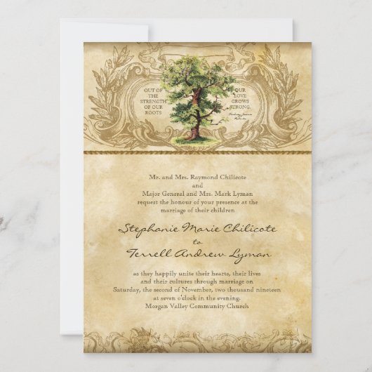 ヴィンテージオークツリーの生命の渦巻き旋回Etchings羊皮紙 招待状 (裏面)