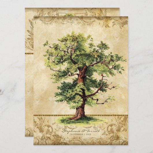 ヴィンテージオークツリーの生命の渦巻き旋回Etchings羊皮紙 招待状 (正面/裏面)