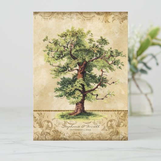 ヴィンテージオークツリーの生命の渦巻き旋回Etchings羊皮紙 招待状 (スタンド正面)