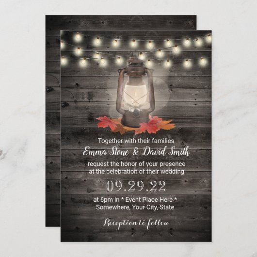 ヴィンテージオータムランタンバーンウッド秋の結婚式 招待状 (正面/裏面)