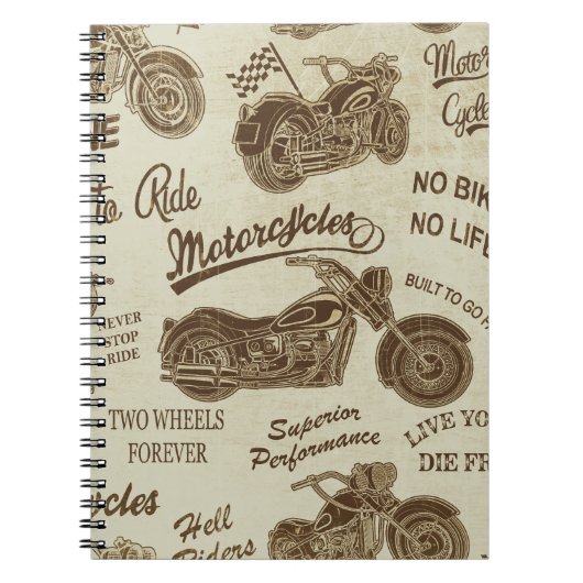 ヴィンテージオートバイシルエット:シームレスな背景 ノートブック (正面)