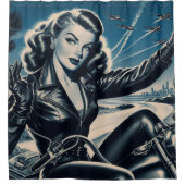 ヴィンテージオートバイピンアップ シャワーカーテン (正面)