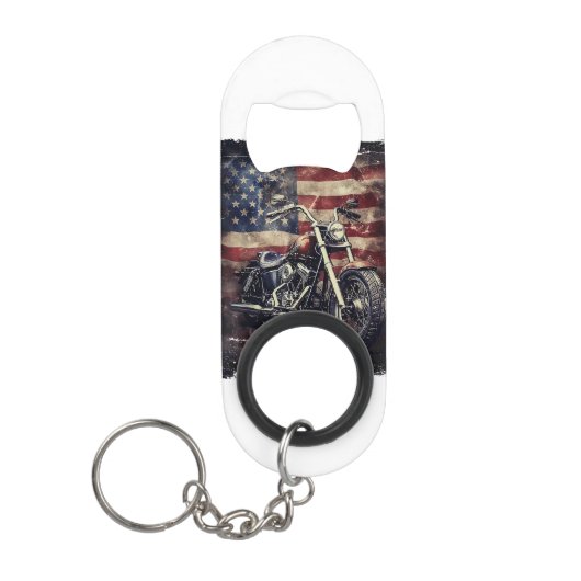 ヴィンテージオートバイUSAフラグレトロバイクもしくは自転車に乗る人アメリカ キーホルダー栓抜き (正面)