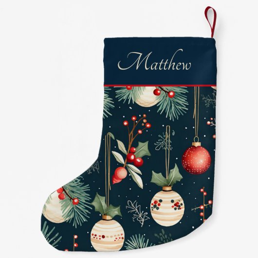 ヴィンテージオーナメントと松 スモールクリスマスストッキング (裏面)