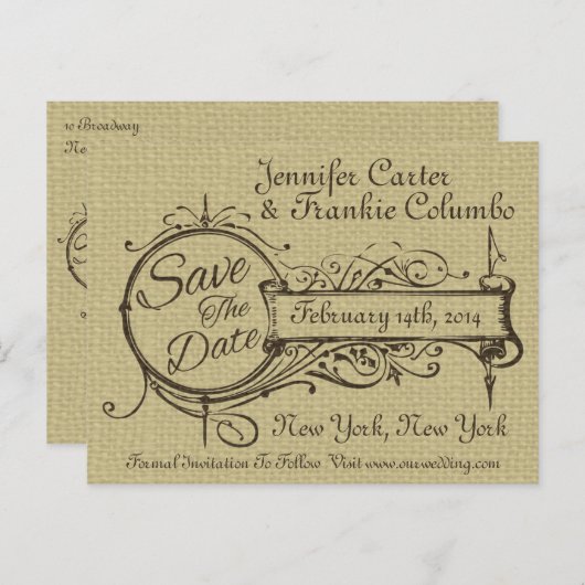 ヴィンテージオーナメントとBurlap日付の保存 案内ポストカード (正面/裏面)