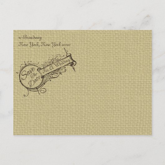 ヴィンテージオーナメントとBurlap日付の保存 案内ポストカード (裏面)