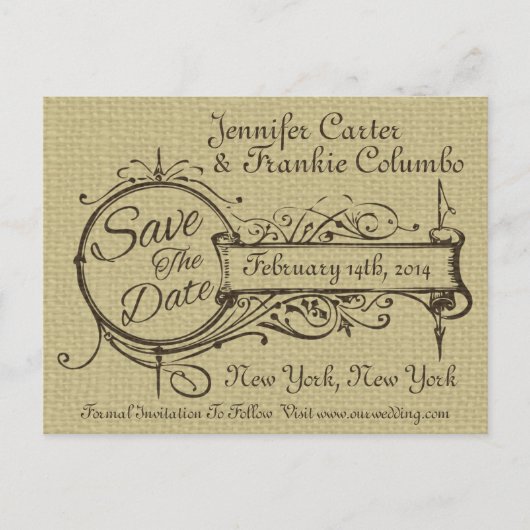 ヴィンテージオーナメントとBurlap日付の保存 案内ポストカード (正面)