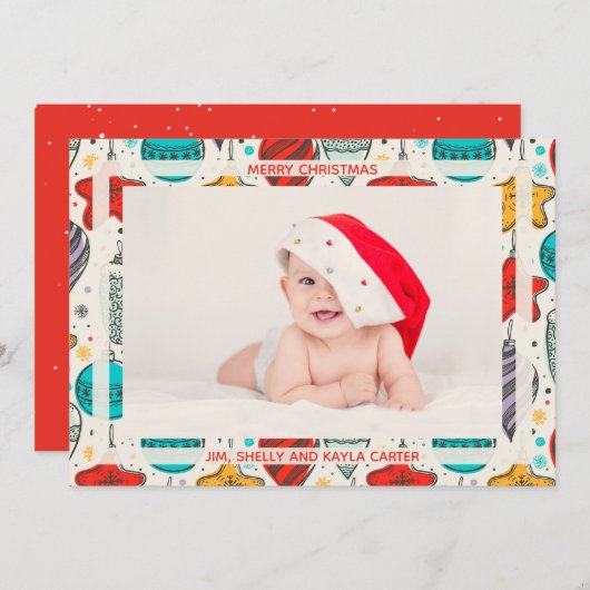 ヴィンテージオーナメントの写真の生誕通知 シーズンカード (正面/裏面)